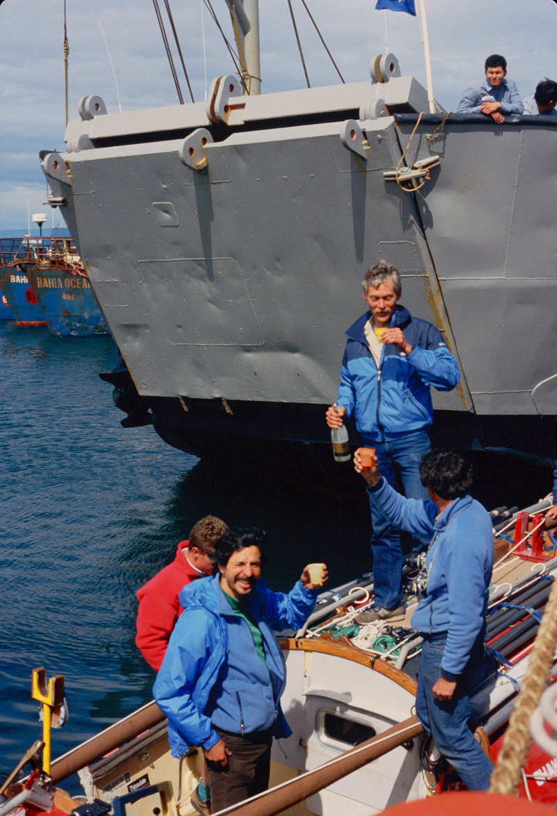 Celebrating. Left to right: Jon Turk (in front), Ned Gillette, Mark Eichenberger, and Bud Keene (in red). 