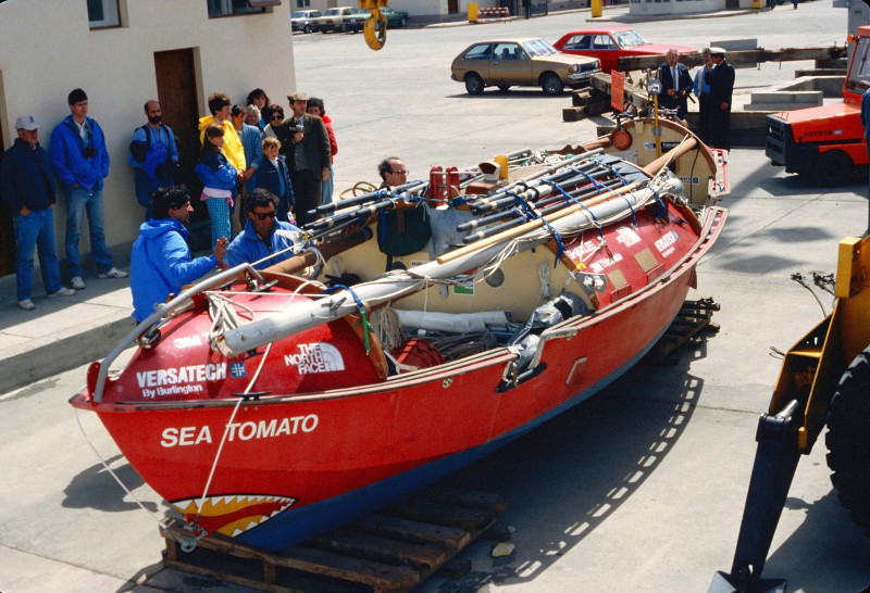 Ned Gillette (right) and Jon Turk (left) inspect the Sea Tomato before the launch